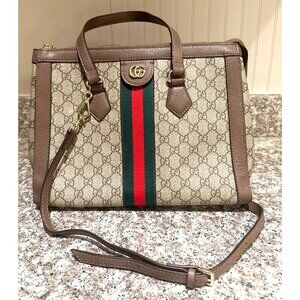 Gucci GG Supreme Monogram Canvas Tote Bag With Red/Green Stripe & Leather Trim